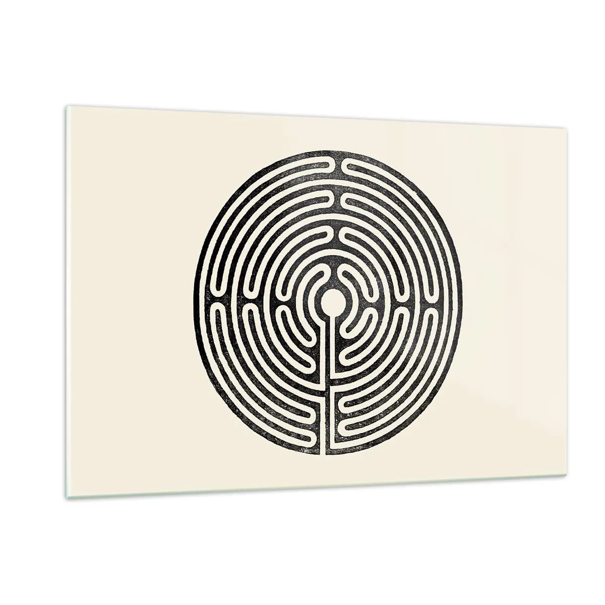 Impression sur verre - Image sur verre - Un labyrinthe noir et blanc de forme circulaire sur fond clair. - 120x80cm - Ordre mystérieux - Décoration murale moderne pour le salon et la chambre ARTTOR