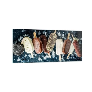 Impression sur verre - Image sur verre - Des glaces colorées disposées sur de la glace avec un fond sombre - 120x50cm - Le goût de l'été chaud - Décoration murale moderne pour le salon et la chambre ARTTOR