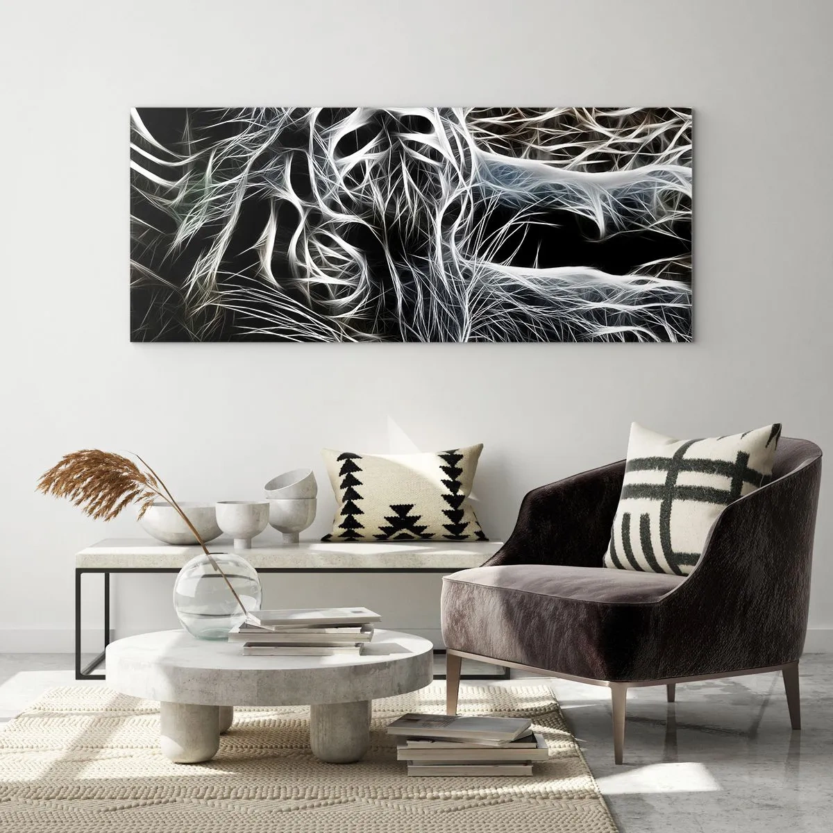Impression sur verre - Image sur verre - Un motif abstrait représentant la silhouette d'un chat sur fond noir. - 120x50cm - Une étude de la légèreté du chat - Décoration murale moderne pour le salon et la chambre ARTTOR