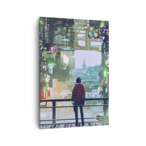 Impression sur toile - Image sur toile - Une silhouette dans une ville futuriste avec des néons - 70x100cm - Deux mondes - Décoration murale moderne pour le salon et la chambre ARTTOR