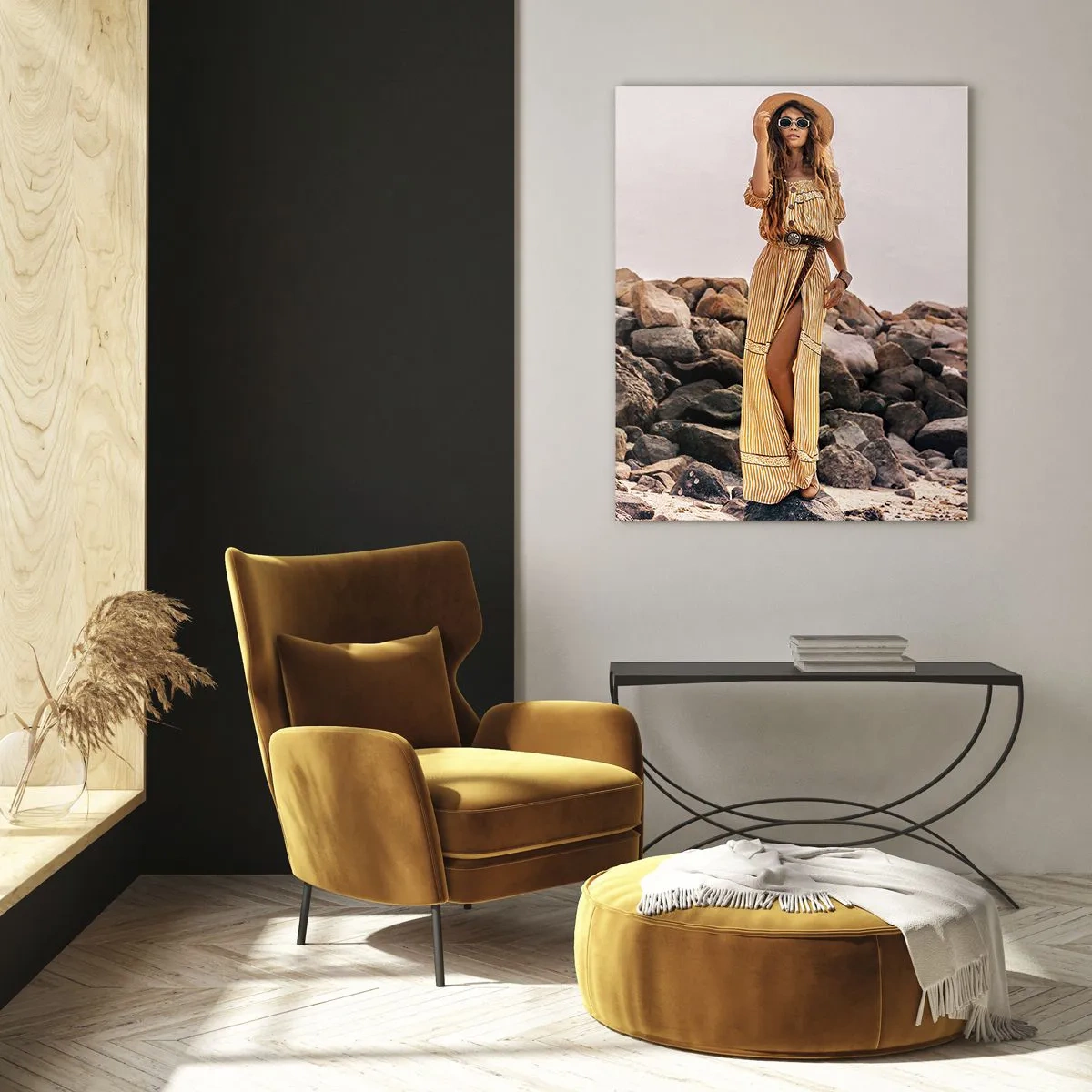Impression sur verre - Image sur verre - Une femme dans une robe de style bohème contre un rivage rocheux - 50x70cm - La magie des pierres - Décoration murale moderne pour le salon et la chambre ARTTOR