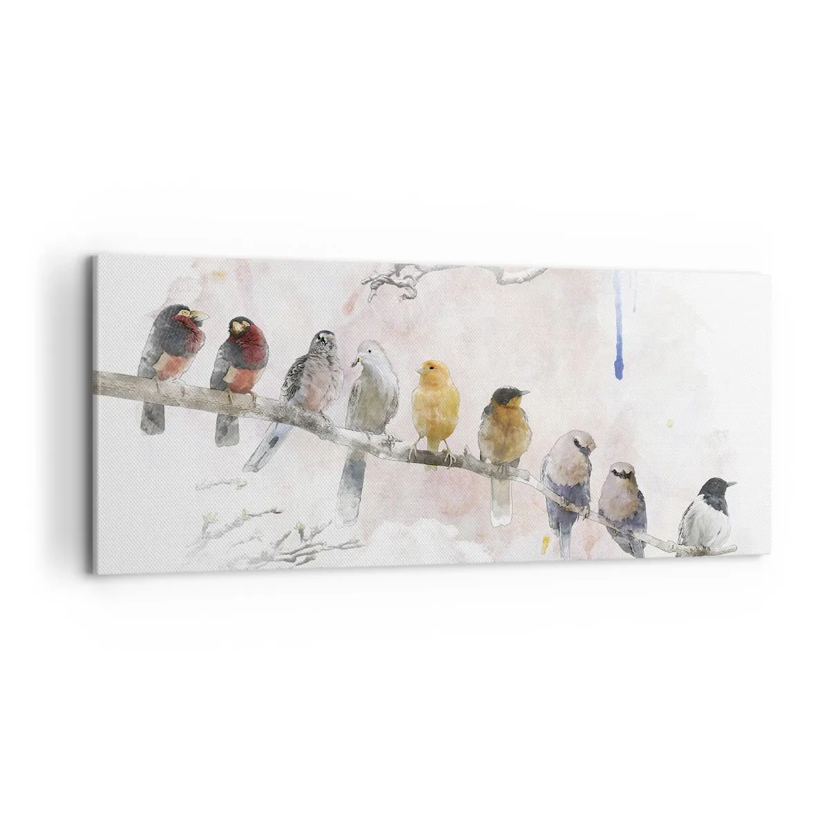 Impression sur toile - Image sur toile - Oiseaux colorés sur une branche dans un style aquarelle - 120x50cm - Rencontre ailée - Décoration murale moderne pour le salon et la chambre ARTTOR