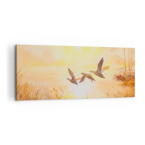 Impression sur toile - Image sur toile - Canards volant au lever du soleil au-dessus du lac - 120x50cm - Le début d'un long voyage - Décoration murale moderne pour le salon et la chambre ARTTOR
