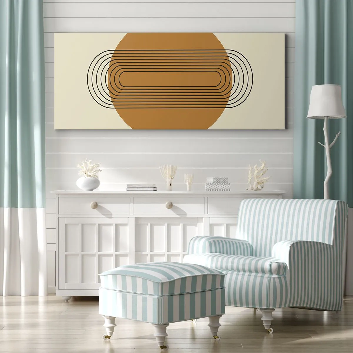 Impression sur toile - Image sur toile - Motif géométrique avec des cercles et des lignes orange - 160x50cm - Plan idéal - Décoration murale moderne pour le salon et la chambre ARTTOR