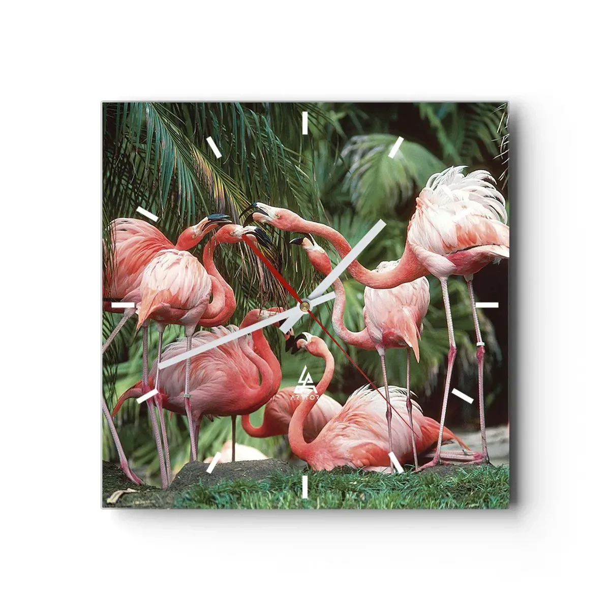 Horloge murale - Pendule murale - Un groupe de flamants roses dans un cadre tropical entouré de palmiers - 30x30cm - Potins d'après-midi - Décoration murale moderne pour le salon et la chambre ARTTOR
