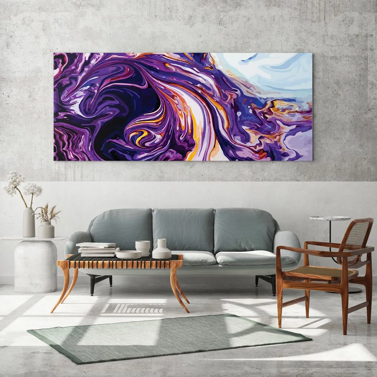 Impression sur verre - Image sur verre - Un motif abstrait dynamique dans des tons de violet et de jaune. - 120x50cm - La courbure de l'espace en violet - Décoration murale moderne pour le salon et la chambre ARTTOR