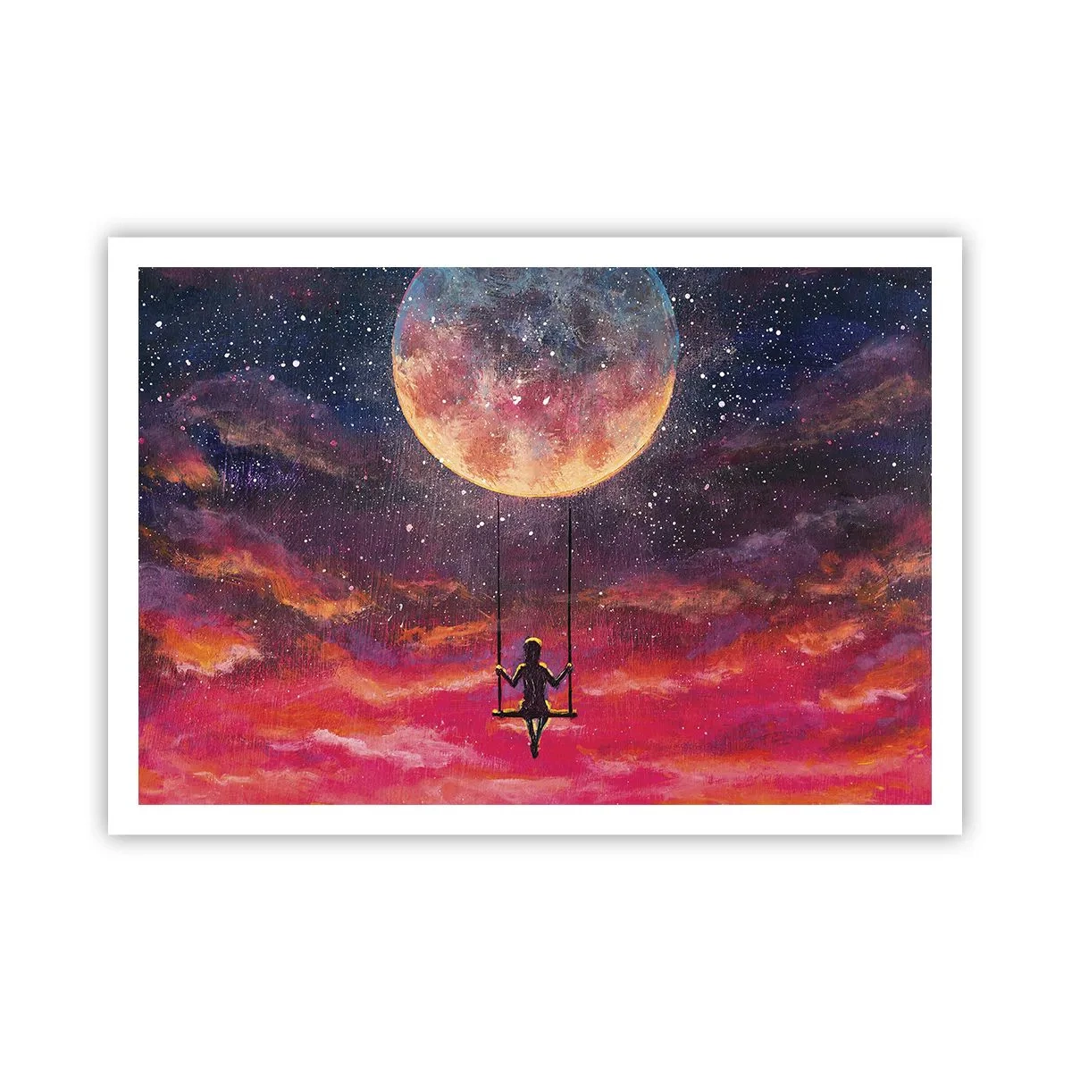 Affiche - Poster - Une silhouette sur une balançoire suspendue contre la lune - 100x70cm - Se balancer dans les nuages - Décoration murale moderne pour le salon et la chambre ARTTOR