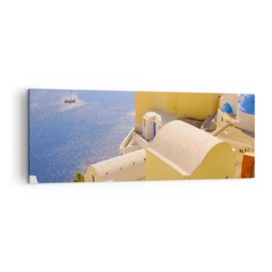 Impression sur toile - Image sur toile - Architecture grecque avec vue sur la mer et un bateau en arrière-plan - 140x50cm - Paysage grec en blanc et bleu ciel - Décoration murale moderne pour le salon et la chambre ARTTOR