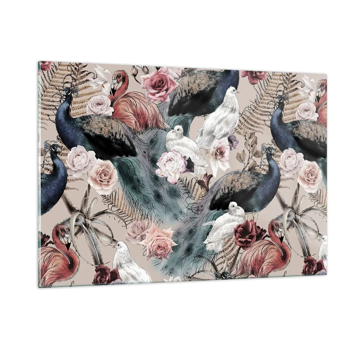 Impression sur verre - Image sur verre - Paons et flamants roses entourés de roses et de fougères - 120x80cm - Dans un jardin de palace - Décoration murale moderne pour le salon et la chambre ARTTOR