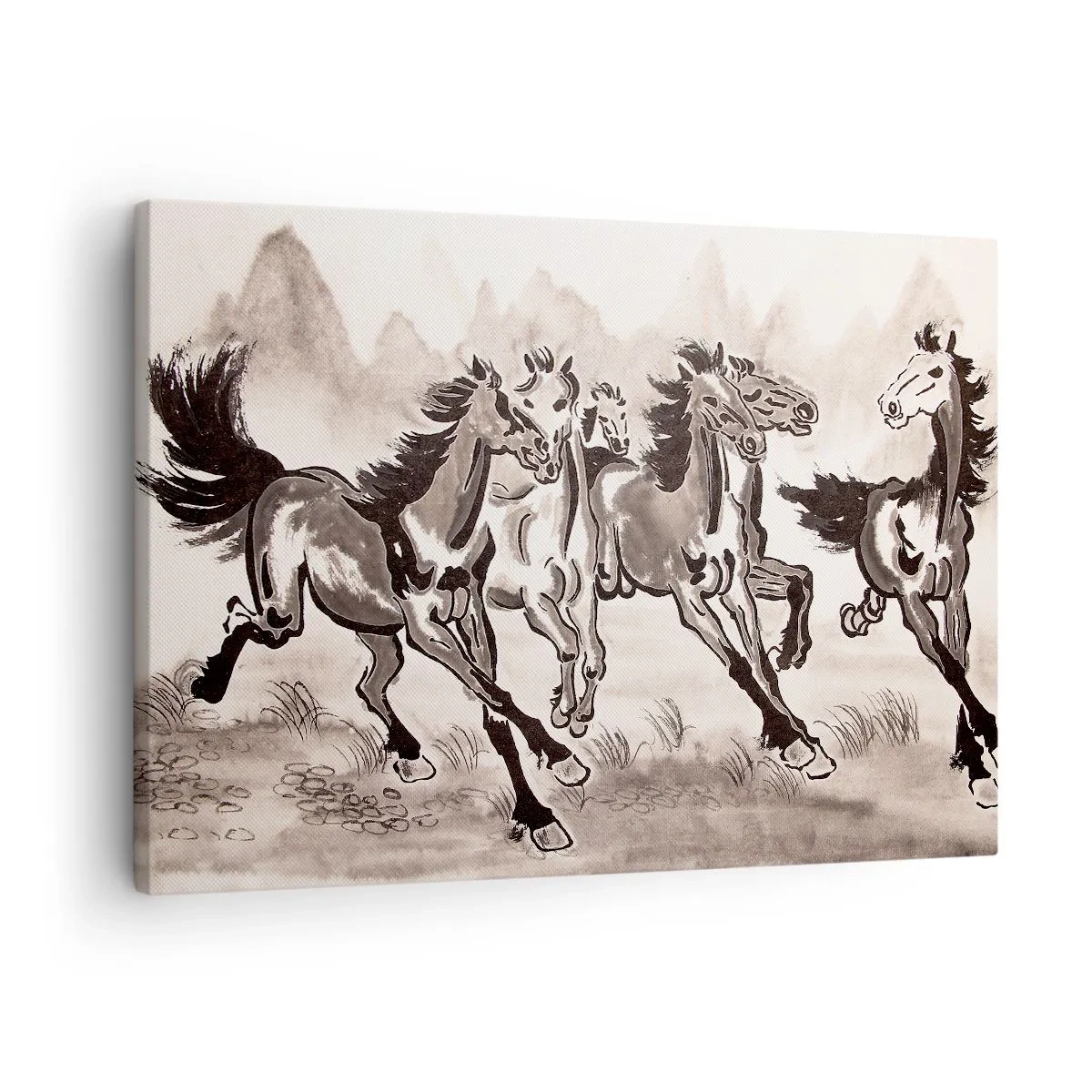 Impression sur toile - Image sur toile - Graphiques dynamiques de chevaux au galop dans un style oriental - 70x50cm - Dans un joyeux galop - Décoration murale moderne pour le salon et la chambre ARTTOR