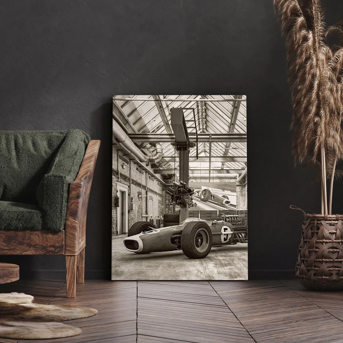 Impression sur toile - Image sur toile - Voiture de course noire et blanche dans un intérieur industriel - 50x70cm - Le repos du guerrier - Décoration murale moderne pour le salon et la chambre ARTTOR