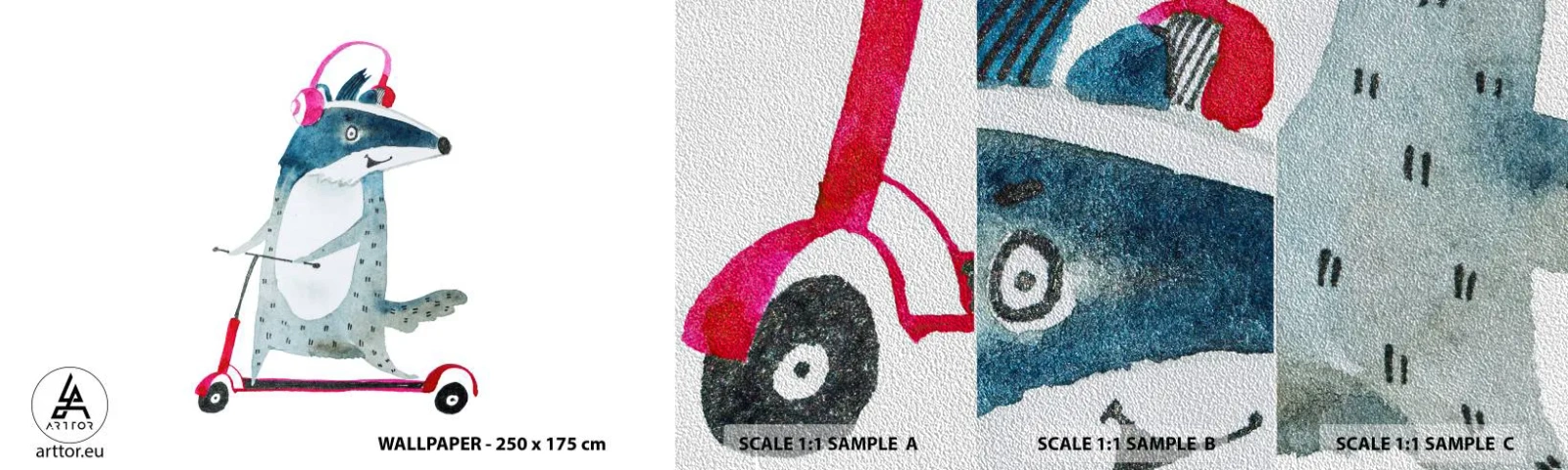 Échantillon de Papier Peint Premium Sand - La joie du blaireau - Enfants, Scooter, Animal - 100x30 cm