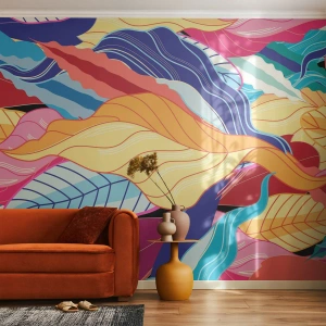 Papier Peint Photo Standard Eco - Graphiques de feuilles colorées dans un style abstrait - 100x70cm - Un désordre coloré - Décoration murale moderne pour le salon et la chambre ARTTOR