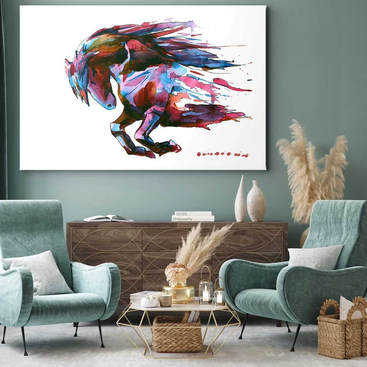 Impression sur toile - Image sur toile - Un cheval aux couleurs abstraites dynamiques symbolisant la liberté - 70x50cm - Dans le ravissement - Décoration murale moderne pour le salon et la chambre ARTTOR