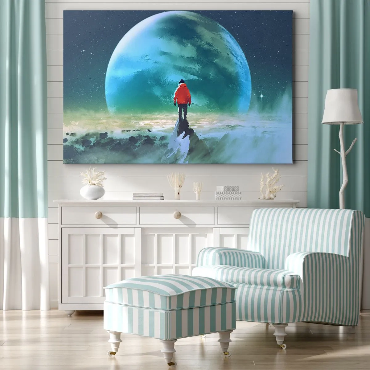Impression sur toile - Image sur toile - Un homme portant une veste rouge debout devant une grande planète avec des étoiles en arrière-plan. - 70x50cm - Explorateur de la nouvelle terre - Décoration murale moderne pour le salon et la chambre ARTTOR