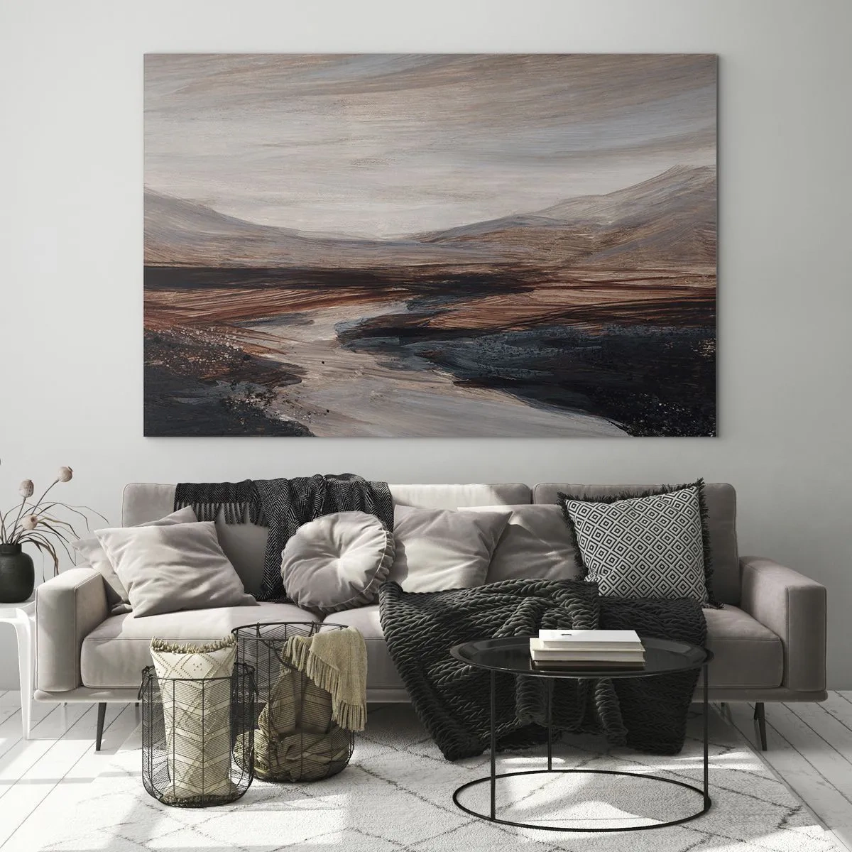 Impression sur verre - Image sur verre - Une vallée pittoresque avec une rivière aux tons bruns et bleus - 100x70cm - Une vallée tranquille - Décoration murale moderne pour le salon et la chambre ARTTOR
