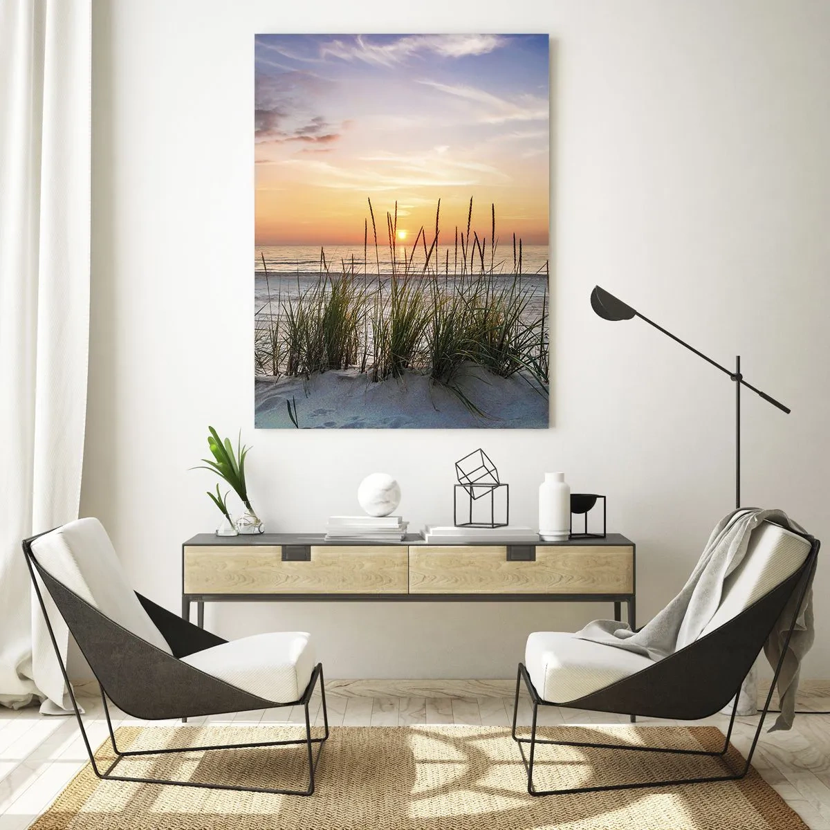 Impression sur verre - Image sur verre - Coucher de soleil sur une plage herbeuse - 50x70cm - Regarde, pense, ressent - Décoration murale moderne pour le salon et la chambre ARTTOR