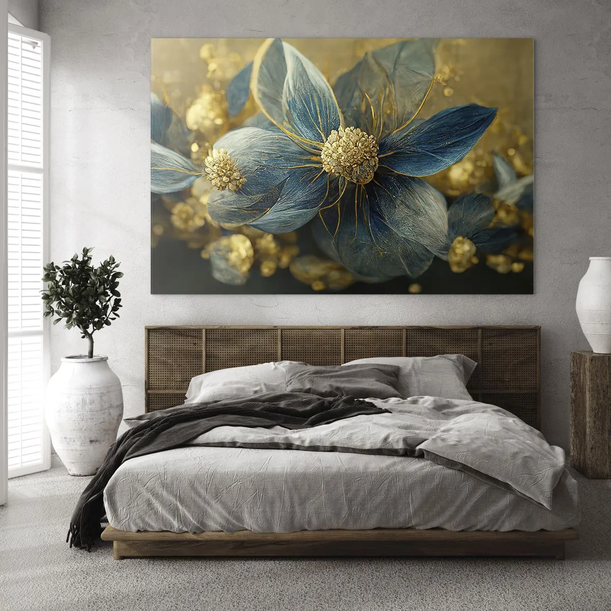 Impression sur verre - Image sur verre - Fleurs bleues et dorées avec une sensation luxueuse - 120x80cm - Fleurir avec de l'or - Décoration murale moderne pour le salon et la chambre ARTTOR