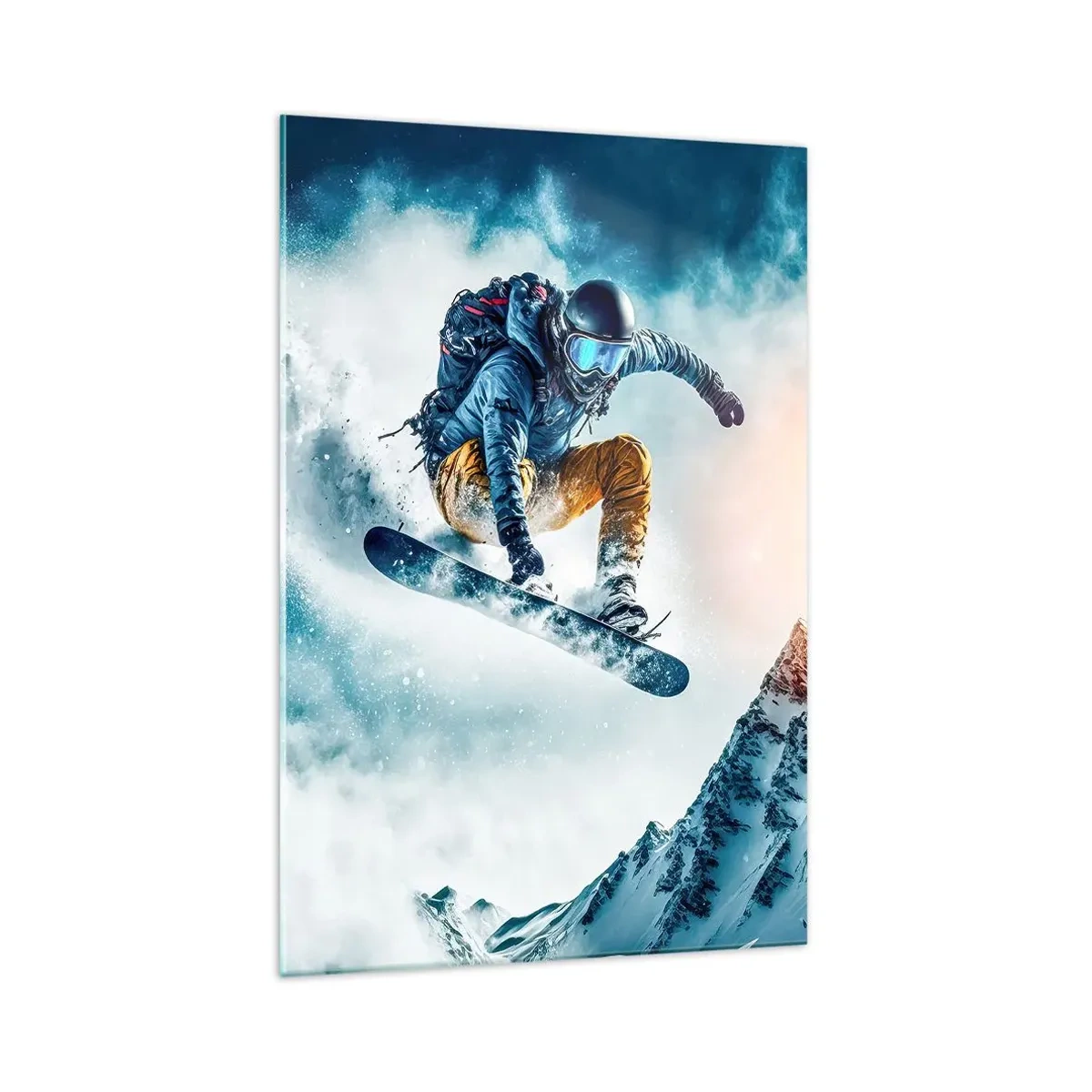 Impression sur verre - Image sur verre - Un snowboarder survole des montagnes enneigées - 70x100cm - Des émotions extrêmes - Décoration murale moderne pour le salon et la chambre ARTTOR