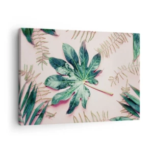 Impression sur toile - Image sur toile - Feuilles tropicales sur fond pastel clair - 70x50cm - Étude de verdure sur fond rose - Décoration murale moderne pour le salon et la chambre ARTTOR