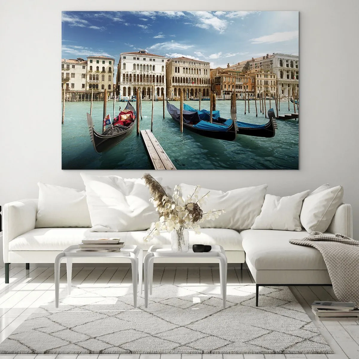 Impression sur verre - Image sur verre - Gondoles sur un canal à Venise par une journée ensoleillée - 70x50cm - Palace bleu ciel - Décoration murale moderne pour le salon et la chambre ARTTOR