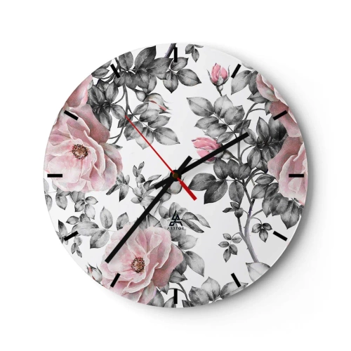 Horloge murale - Pendule murale - Roses roses avec des feuilles noires et blanches - 30x30cm - Se perdre dans les fleurs des roses - Décoration murale moderne pour le salon, la cuisine et la chambre ARTTOR