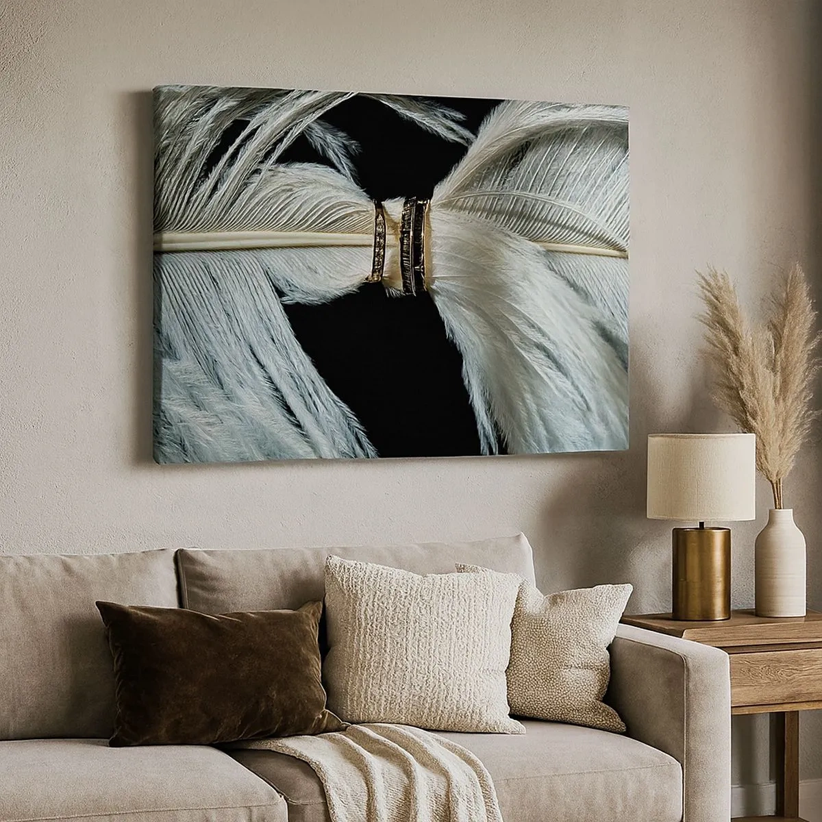 Impression sur toile - Image sur toile - Une plume blanche avec deux anneaux d'or sur fond noir - 70x50cm - ... et je ne te laisserai pas ... - Décoration murale moderne pour le salon et la chambre ARTTOR