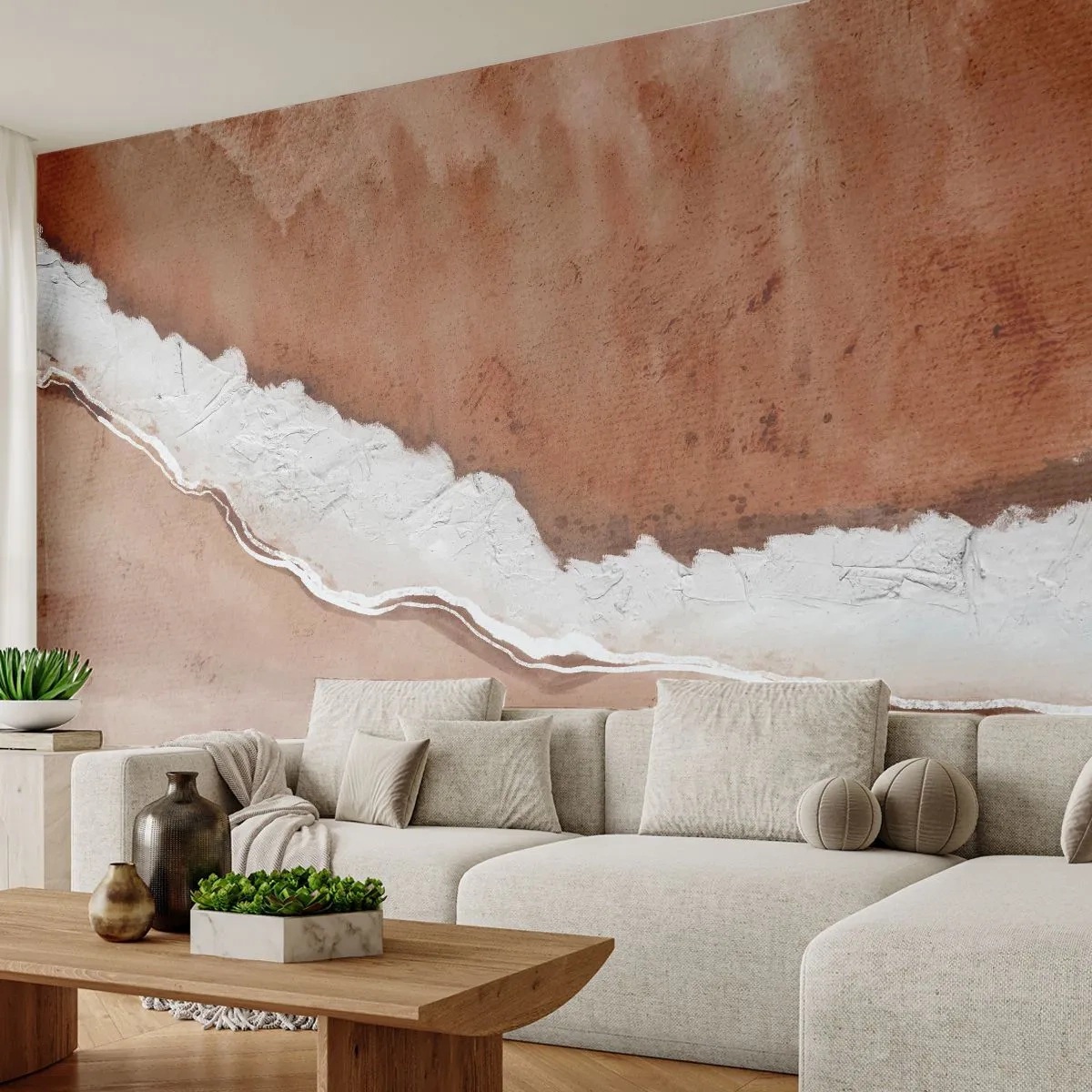 Papier Peint Photo Premium Sand - Une ligne abstraite ressemblant à une vague blanche sur le sable - 100x70cm - Dans des couleurs de la terre - Décoration murale moderne pour le salon et la chambre ARTTOR