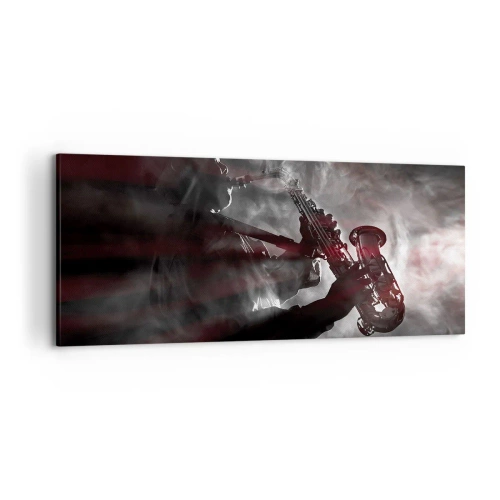 Impression sur toile - Image sur toile - Saxophoniste en fumée sur scène en noir et rouge atmosphérique - 120x50cm - Dans les brumes du jazz - Décoration murale moderne pour le salon et la chambre ARTTOR