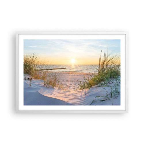 Affiche dans un cadre blanc - Poster - Le bruit de la mer, le chant des oiseaux, une plage sauvage parmi les herbes… - 70x50 cm