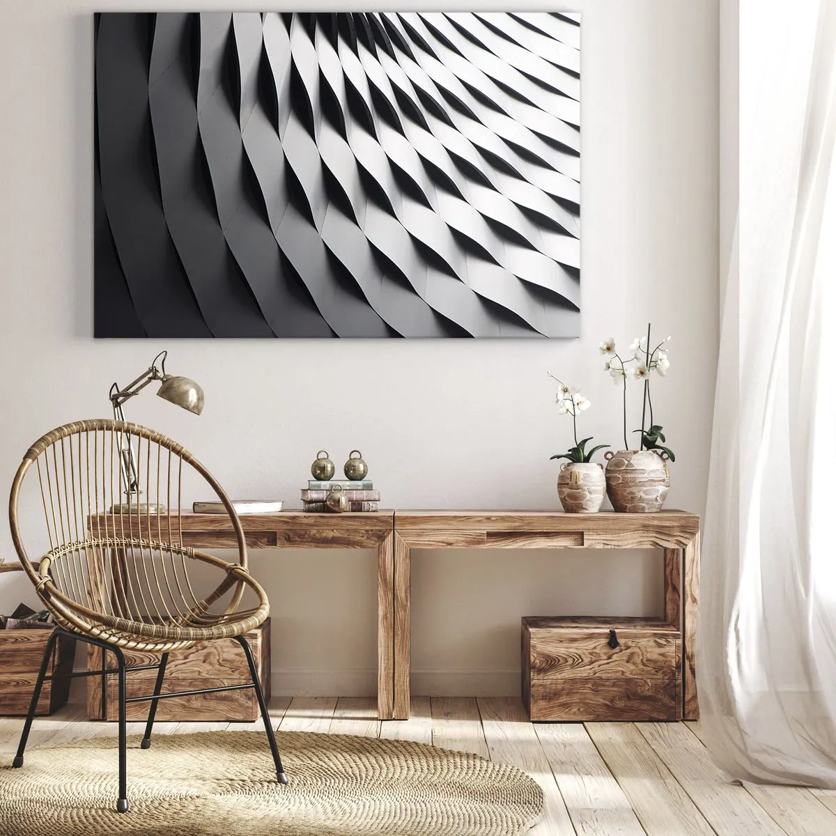 Impression sur toile - Image sur toile - Motif géométrique abstrait dans des tons de noir et blanc - 120x80cm - A la surface des vagues - Décoration murale moderne pour le salon et la chambre ARTTOR