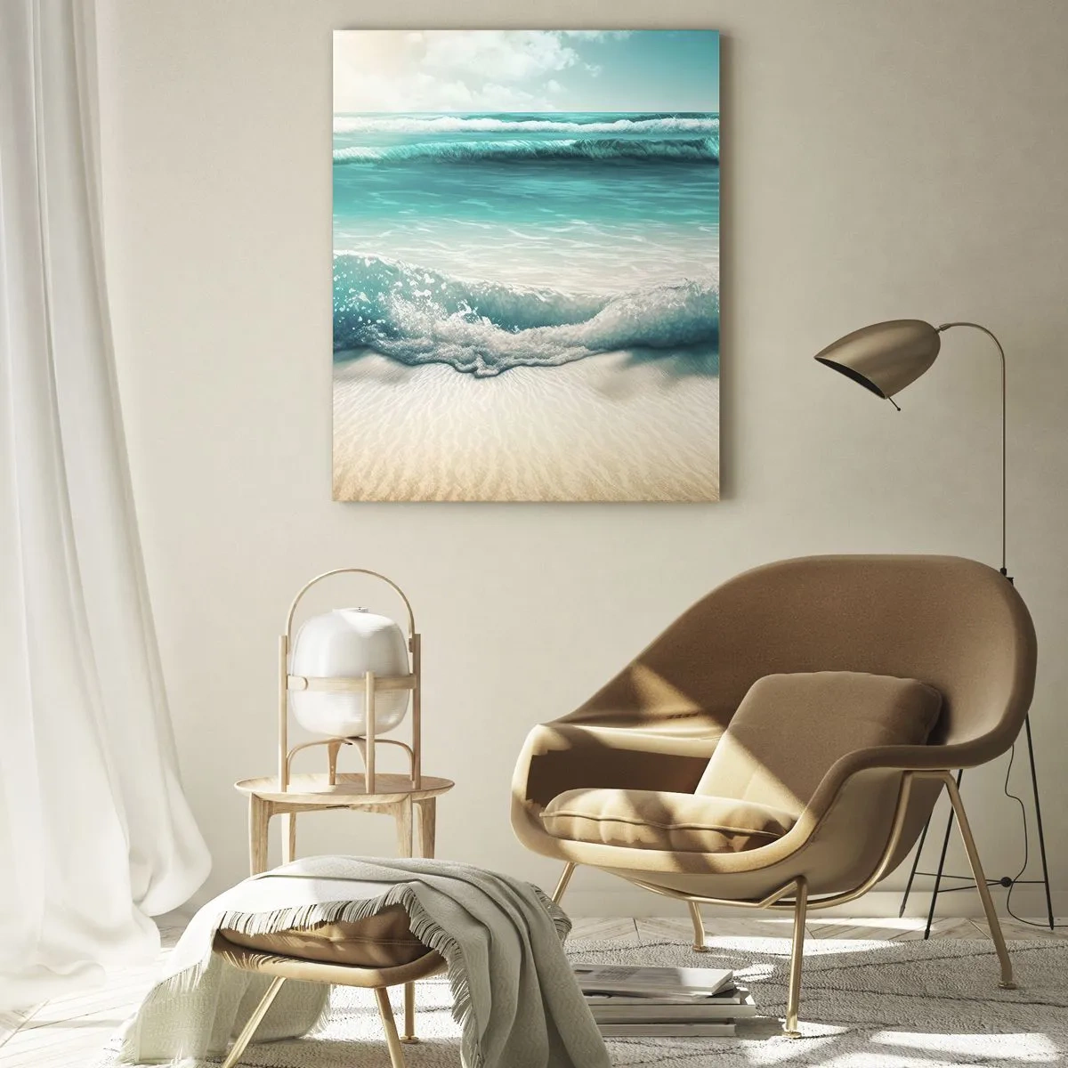 Impression sur verre - Image sur verre - Vagues turquoise de l'océan venant lécher une plage de sable - 50x70cm - La paix de l'océan - Décoration murale moderne pour le salon et la chambre ARTTOR