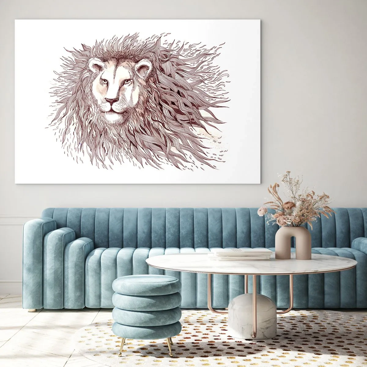 Impression sur verre - Image sur verre - Portrait d'un lion avec une crinière impressionnante dans un style monochrome - 70x50cm - Un souverain fougueux - Décoration murale moderne pour le salon et la chambre ARTTOR