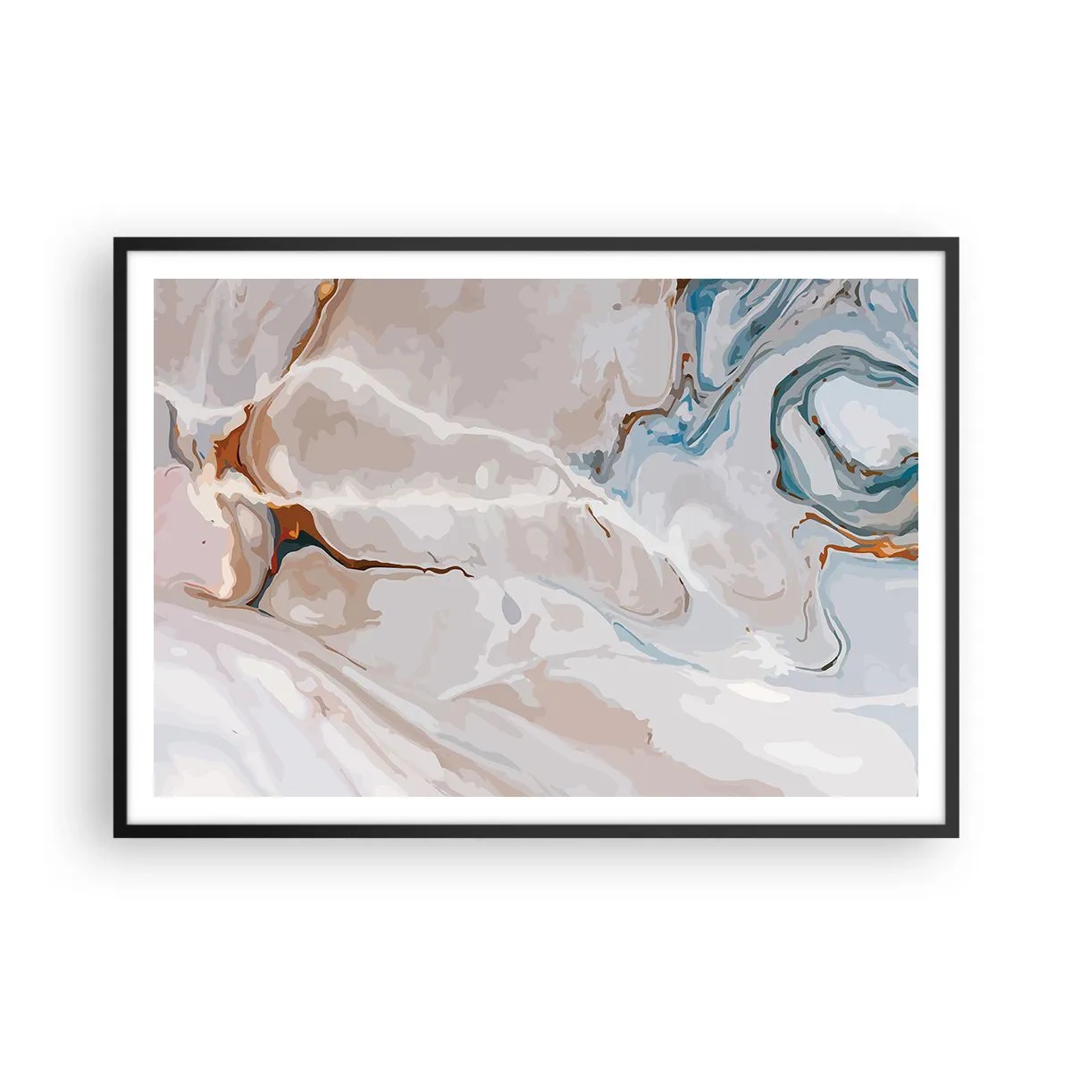 Affiche dans un cadre noir - Poster - Motif abstrait dans les tons de blanc et de bleu - 100x70cm - Le bleu serpente sous le blanc - Décoration murale moderne pour le salon et la chambre ARTTOR
