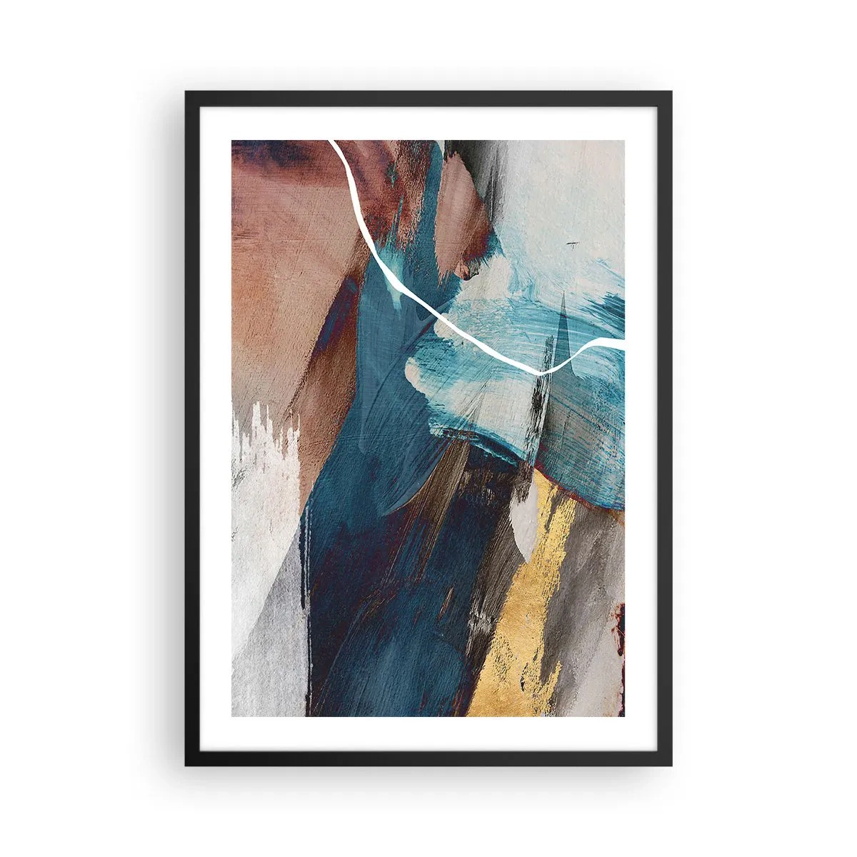 Affiche dans un cadre noir - Poster - Abstraction expressive dans les tons de bleu et d'or - 50x70cm - Avec panache et énergie - Décoration murale moderne pour le salon et la chambre ARTTOR