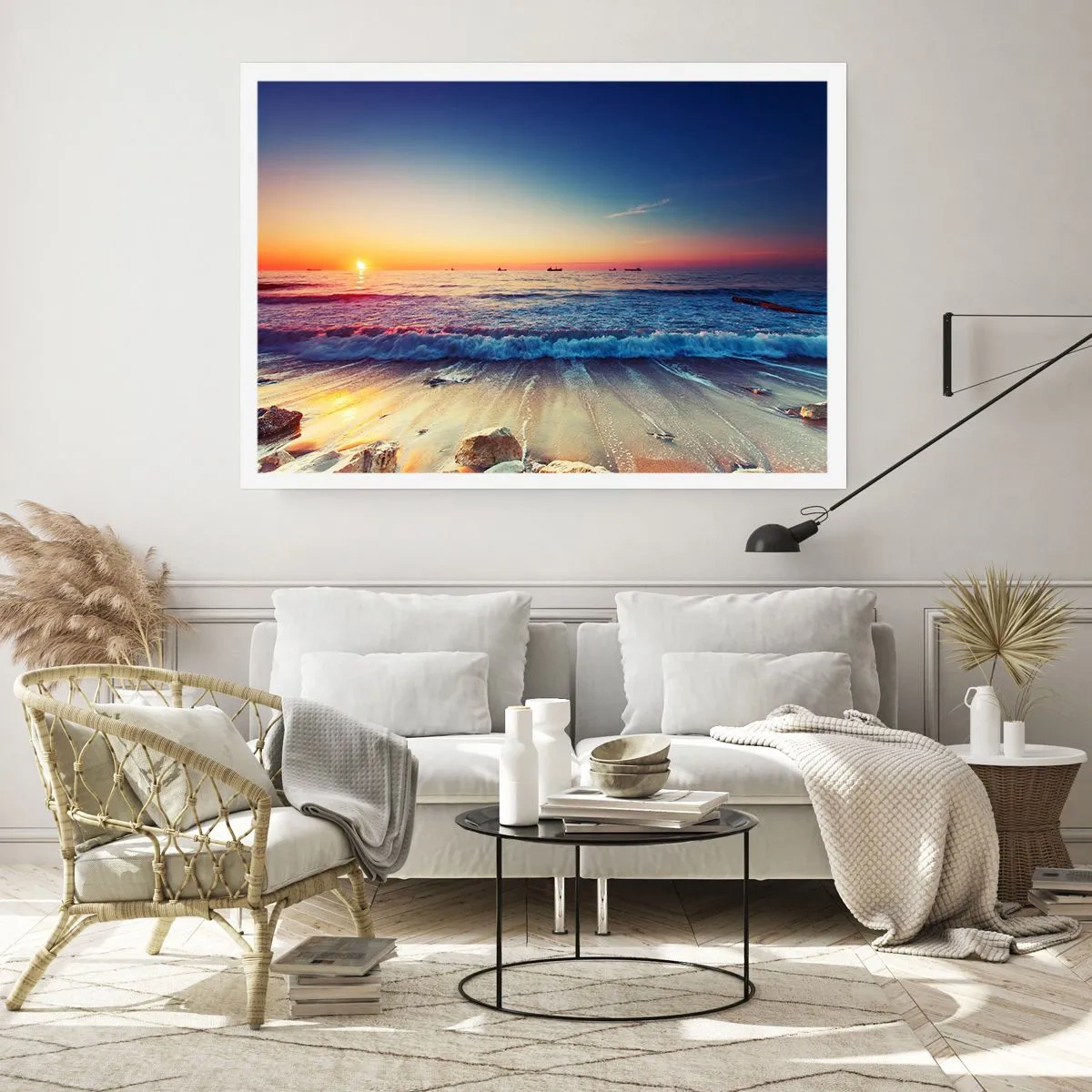 Affiche - Poster - Coucher de soleil sur une mer calme avec des vagues - 100x70cm - Mais quel horizon ? - Décoration murale moderne pour le salon et la chambre ARTTOR