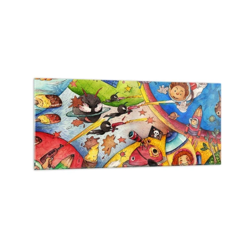 Impression sur verre - Image sur verre - Une scène spatiale colorée pleine d'enfants et de vaisseaux spatiaux - 120x50cm - Grande aventure spatiale - Décoration murale moderne pour le salon et la chambre ARTTOR