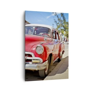 Impression sur toile - Image sur toile - Une voiture classique rouge garée dans la rue par une journée ensoleillée - 70x100cm - Seulement à Cuba - Décoration murale moderne pour le salon et la chambre ARTTOR