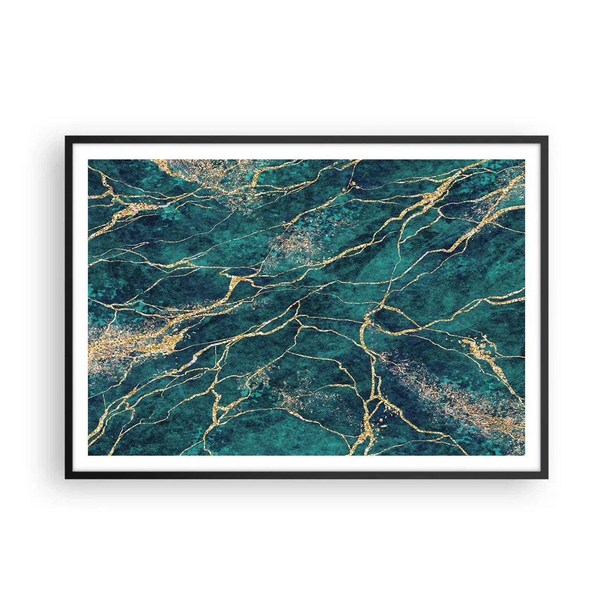 Affiche dans un cadre noir - Poster - Motif de marbre texturé dans des tons turquoise et or - 100x70cm - Mine d'or - Décoration murale moderne pour le salon et la chambre ARTTOR