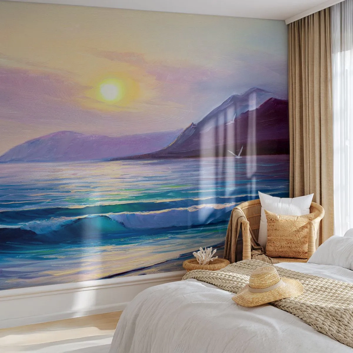 Papier Peint Photo Premium Sand - Un coucher de soleil pittoresque sur une mer calme - 100x70cm - Cristal d'eau et d'air - Décoration murale moderne pour le salon et la chambre ARTTOR