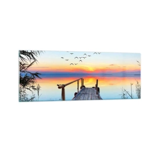 Impression sur verre - Image sur verre - Jetée en bois sur le lac au coucher du soleil - 140x50cm - Il est temps de rentrer... - Décoration murale moderne pour le salon et la chambre ARTTOR