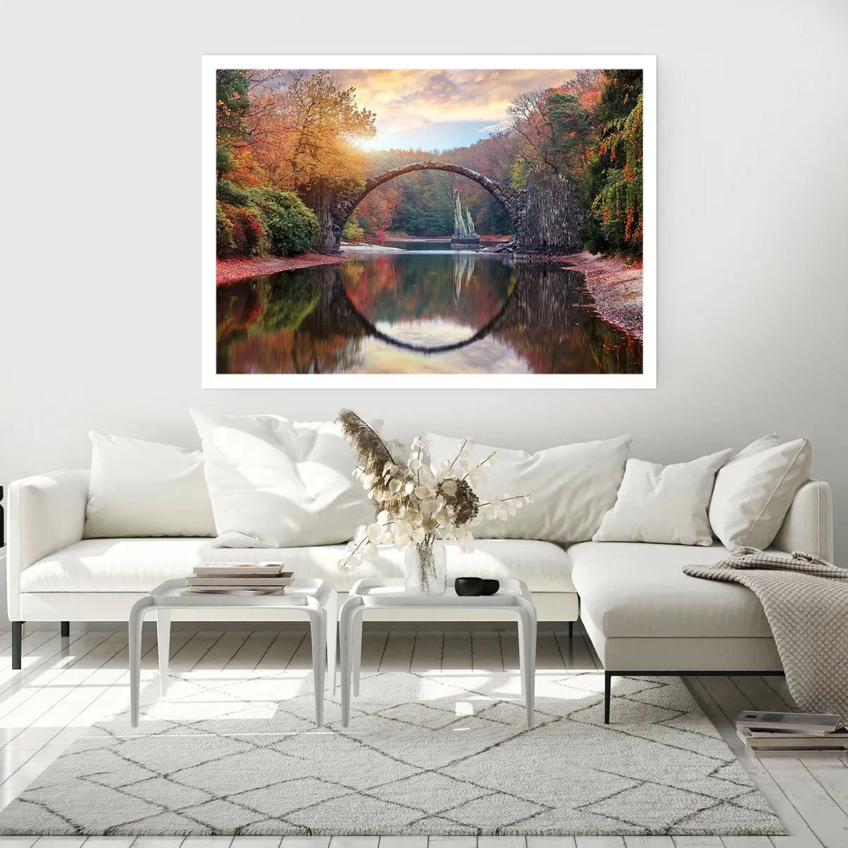 Affiche - Poster - Un pont de pierre dans un paysage d'automne sur une eau calme - 100x70cm - De l'autre cote du miroir - Décoration murale moderne pour le salon et la chambre ARTTOR