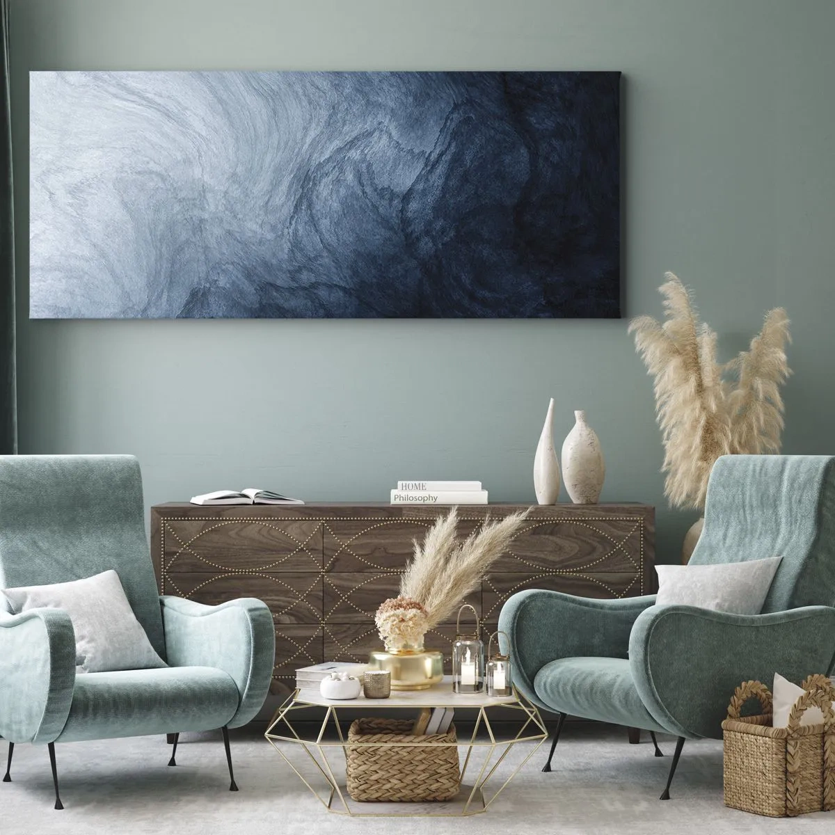 Impression sur toile - Image sur toile - Une composition abstraite dans les tons de bleu et bleu marine. - 160x50cm - Atteindre en profondeur - Décoration murale moderne pour le salon et la chambre ARTTOR