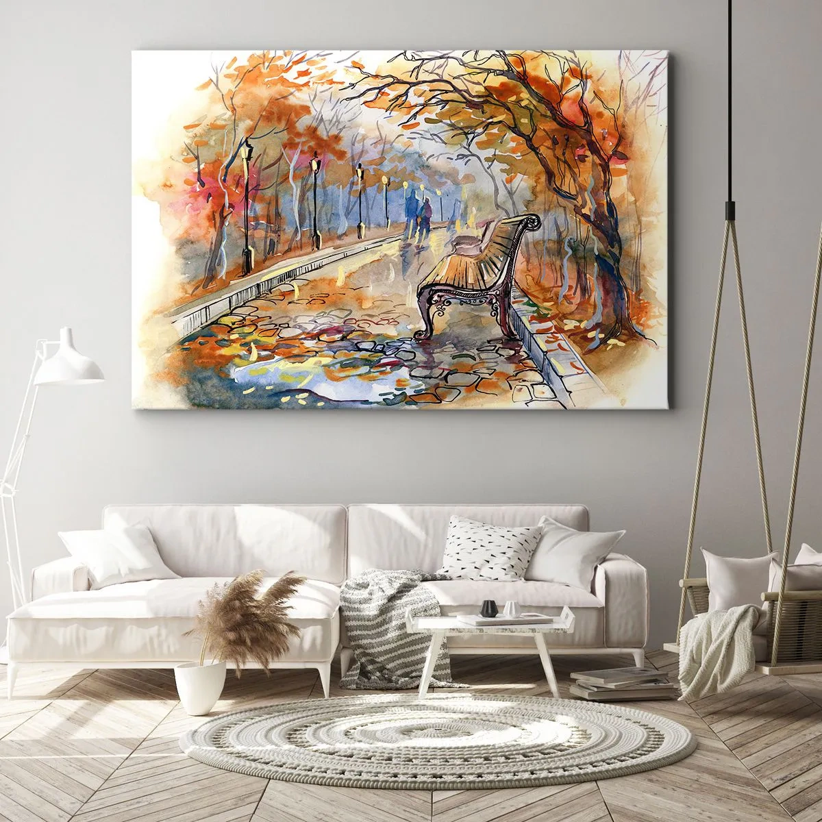 Impression sur toile - Image sur toile - Un parc d'automne avec un banc à l'aquarelle - 70x50cm - Errer ensemble à l'automne - Décoration murale moderne pour le salon et la chambre ARTTOR