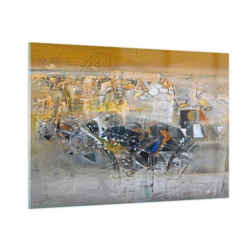 Impression sur verre - Image sur verre - Abstraction artistique en or, argent et gris - 100x70cm - Tout se met en place - Décoration murale moderne pour le salon et la chambre ARTTOR