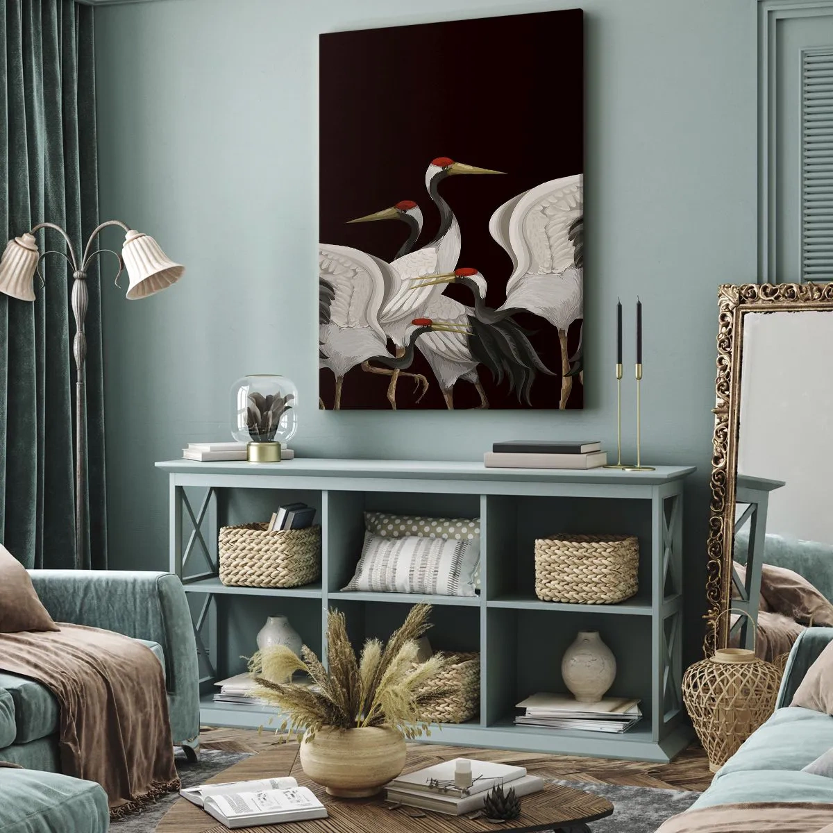 Impression sur toile - Image sur toile - Grues blanches avec des accents rouges sur fond noir - 50x70cm - Histoire d'oiseaux - Décoration murale moderne pour le salon et la chambre ARTTOR