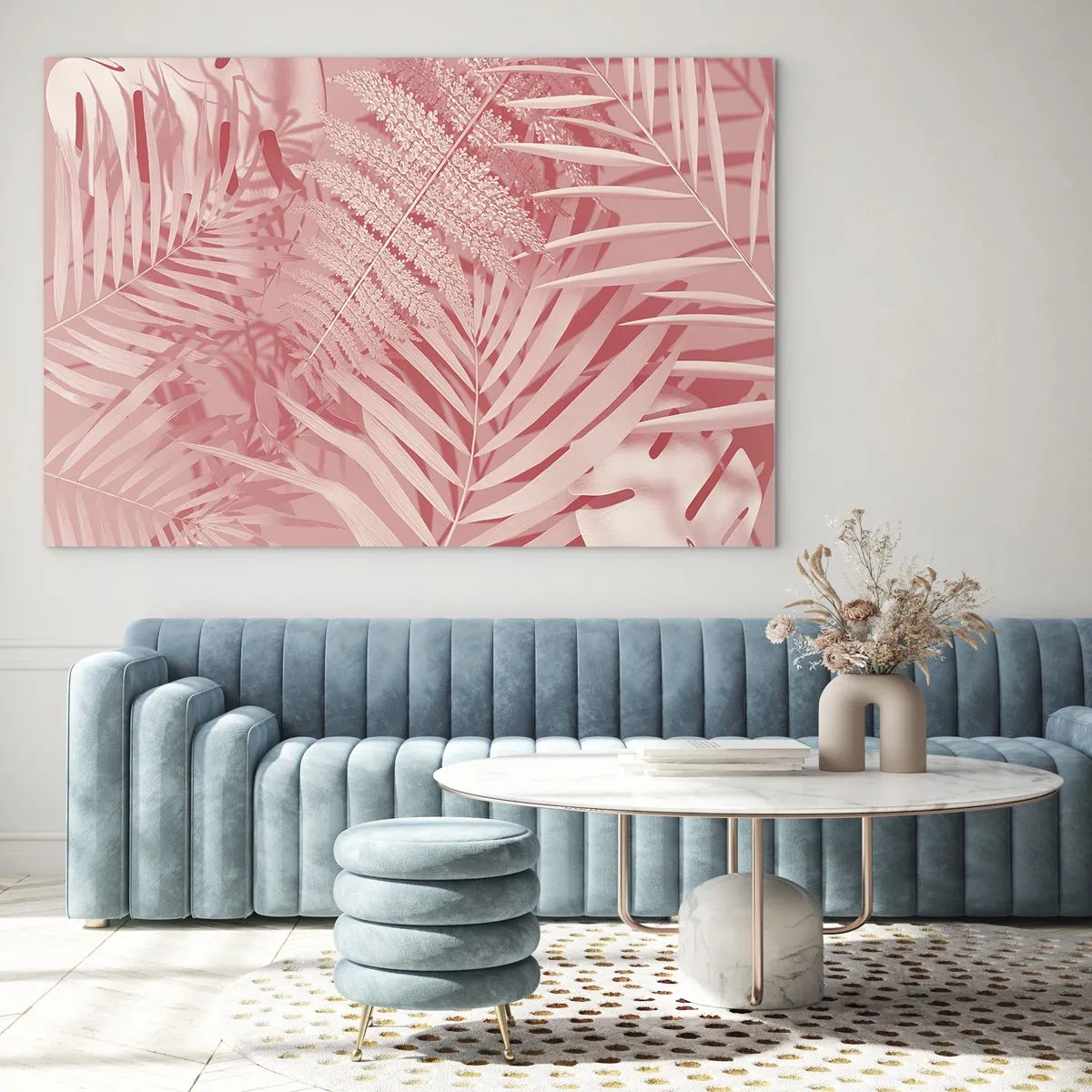 Impression sur verre - Image sur verre - Feuilles tropicales roses dans une composition moderne - 70x50cm - Concept de rose - Décoration murale moderne pour le salon et la chambre ARTTOR