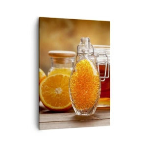 Impression sur toile - Image sur toile - Une bouteille de liquide ambré et des oranges fraîches - 50x70cm - Saveurs et arômes ensoleillés - Décoration murale moderne pour le salon et la chambre ARTTOR