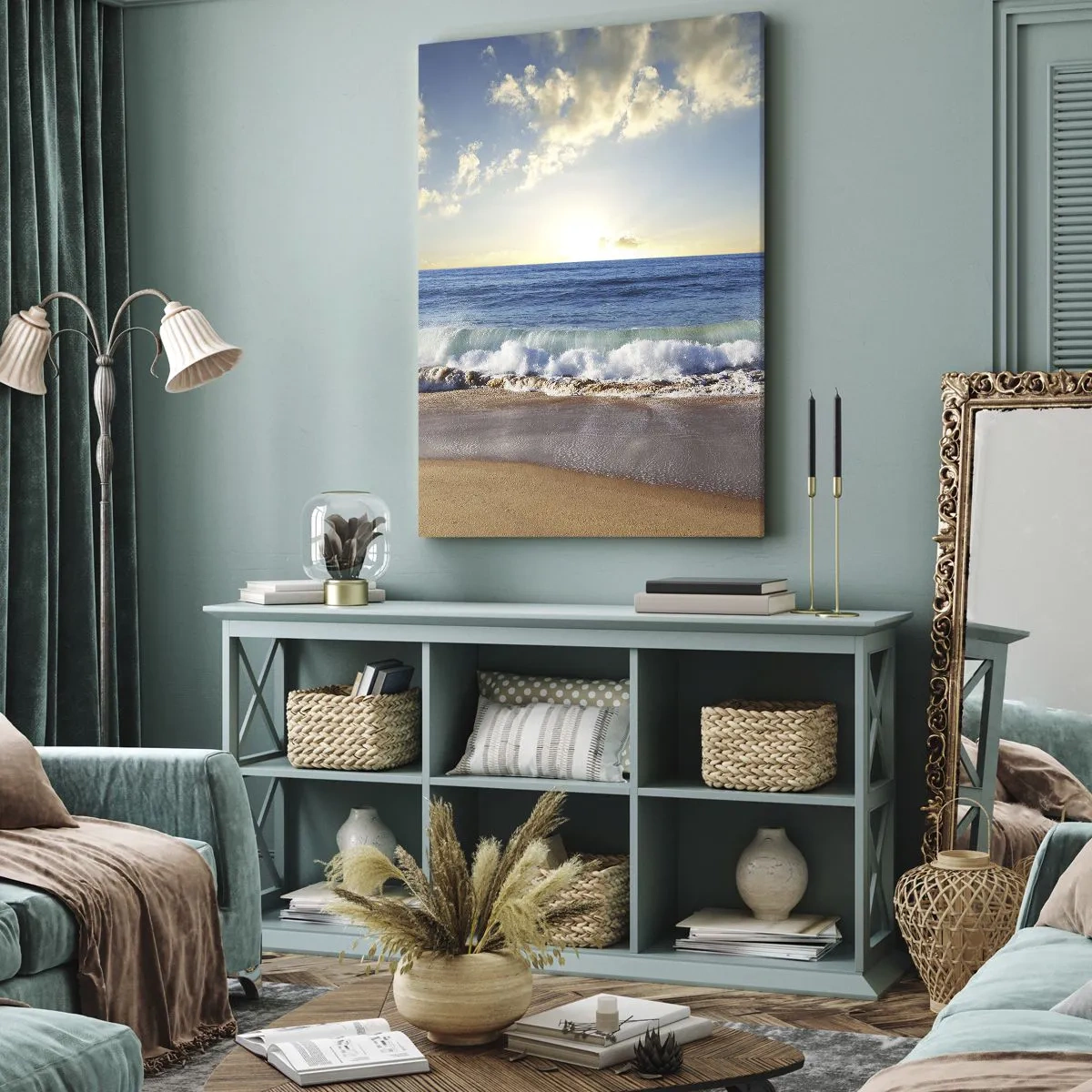 Impression sur toile - Image sur toile - Une plage ensoleillée avec des vagues s'écrasant sur le rivage - 70x100cm - Mouvement et immobilité à la fois - Décoration murale moderne pour le salon et la chambre ARTTOR