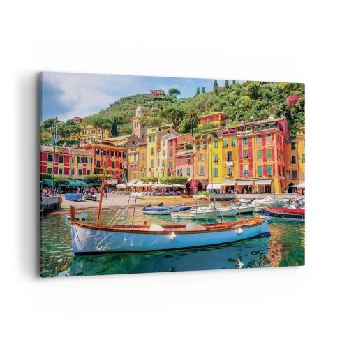 Impression sur toile - Image sur toile - Maisons de ville colorées et bateaux dans une ville balnéaire italienne - 100x70cm - Matinée italienne - Décoration murale moderne pour le salon et la chambre ARTTOR